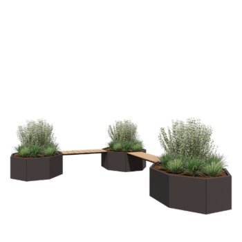 Floreira em aço - Octógone - Configuração em canto - 362,6 x 362,6 x 50 cm - RAL7016 fosco (cinzento antracite) - Com banco - Sem placa de base