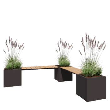 Floreira em aço - Quadrado - Configuração em canto - 221,2 x 221,2 x 50 cm - RAL7016 fosco (cinzento antracite) - Com placa de base - Com banco