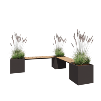 Floreira em aço - Quadrado - Configuração em canto - 221,2 x 221,2 x 50 cm - RAL7016 fosco (cinzento antracite) - Com placa de base - Com banco