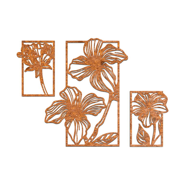 Flores decoração de parede em aço corten 3 partes