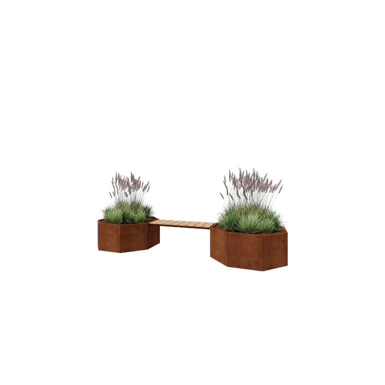 Floreira em aço corten - Octógone - 362,6 x 120,7 x 50 cm - Com banco - Sem placa de base