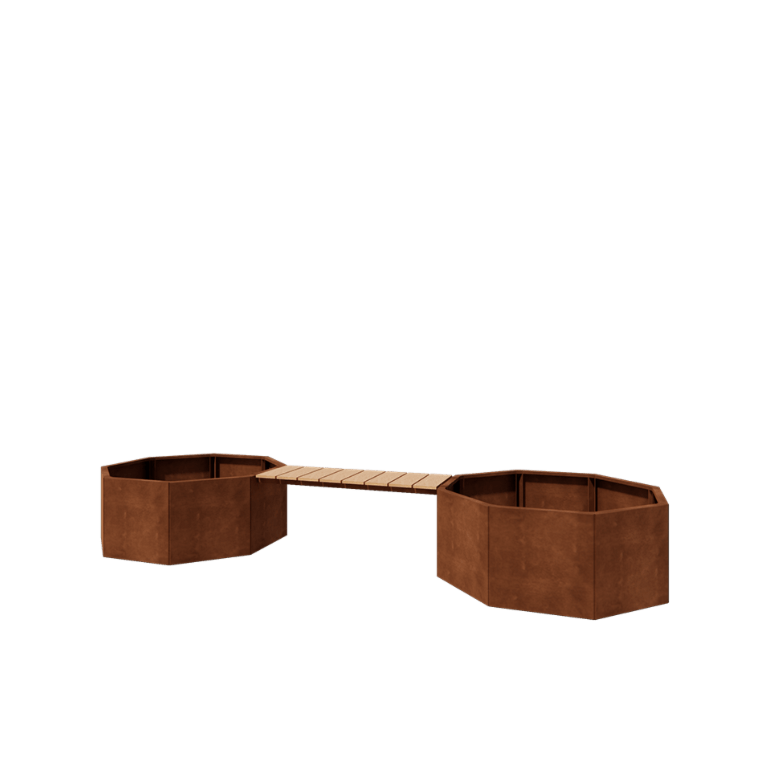 Floreira em aço corten - Octógone - 362,6 x 120,7 x 50 cm - Com banco - Sem placa de base