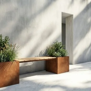 Floreira em aço corten - Quadrado - 221,2 x 50 x 50 cm - Com banco - Com placa de base