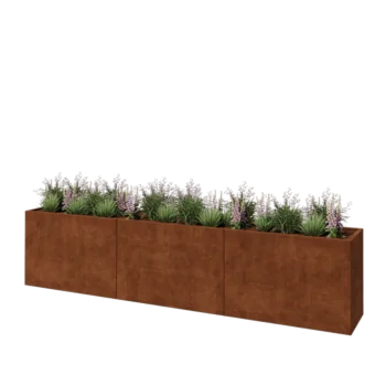 Floreira XXL em aço corten - Retângulo - 360 x 50 x 80 cm - Com placa de base