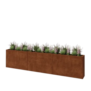 Floreira XXL em aço corten - Retângulo - 360 x 30 x 80 cm - Com placa de base