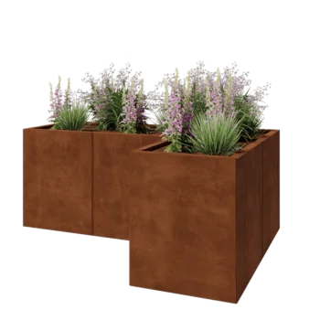 Floreira em aço corten - Forma de L - 150 x 100 x 60 cm - Com placa de base