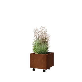 Floreira em aço corten - Quadrado - 40 x 40 x 30 cm - Com placa de base - Com rodas