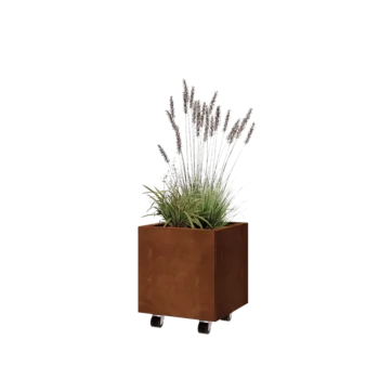 Floreira em aço corten - Quadrado - 40 x 40 x 40 cm - Com placa de base - Com rodas
