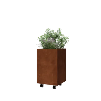 Floreira em aço corten - Quadrado - 40 x 40 x 60 cm - Com placa de base - Com rodas