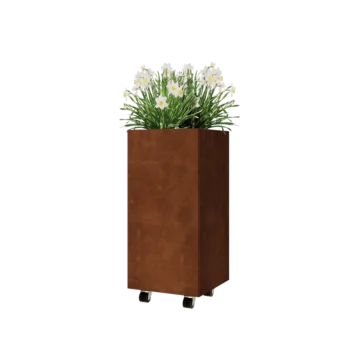 Floreira em aço corten - Quadrado - 40 x 40 x 80 cm - Com placa de base - Com rodas