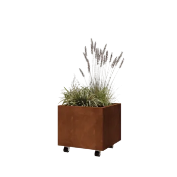Floreira em aço corten - Quadrado - 50 x 50 x 40 cm - Com placa de base - Com rodas