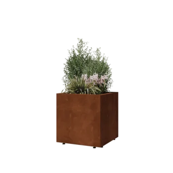Floreira em aço corten - Quadrado - 50 x 50 x 50 cm - Com placa de base - Com pés