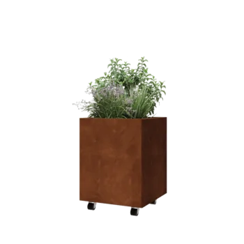 Floreira em aço corten - Quadrado - 50 x 50 x 60 cm - Com placa de base - Com rodas