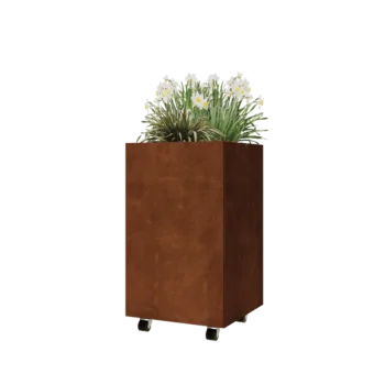 Floreira em aço corten - Quadrado - 50 x 50 x 80 cm - Com placa de base - Com rodas