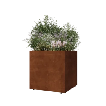Floreira em aço corten - Quadrado - 70 x 70 x 70 cm - Com placa de base - Com pés