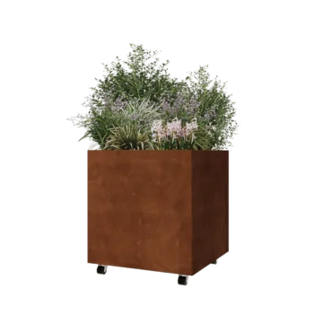 Floreira em aço corten - Quadrado - 70 x 70 x 70 cm - Com placa de base - Com rodas