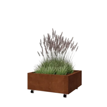 Floreira em aço corten - Quadrado - 80 x 80 x 30 cm - Com placa de base - Com rodas