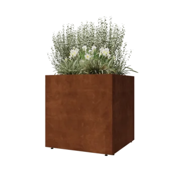 Floreira em aço corten - Quadrado - 80 x 80 x 80 cm - Com placa de base - Com pés