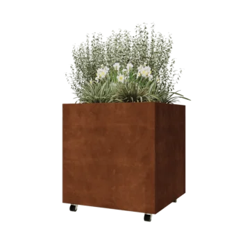 Floreira em aço corten - Quadrado - 80 x 80 x 80 cm - Com placa de base - Com rodas