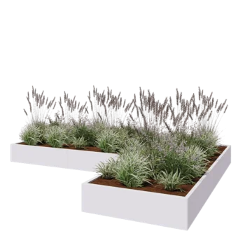 Floreira em aço - Forma de L - 360 x 240 x 30 cm - RAL9010 fosco (branco) - Com placa de base