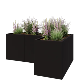 Floreira em aço - Forma de L - 150 x 100 x 60 cm - RAL9005 fosco (preto) - Com placa de base