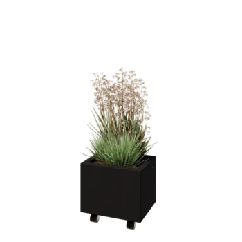 Floreira em aço - Retângulo - 40 x 30 x 30 cm - RAL9005 fosco (preto) - Com placa de base - Com rodas