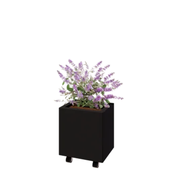 Floreira em aço - Retângulo - 40 x 30 x 40 cm - RAL9005 fosco (preto) - Com placa de base - Com rodas