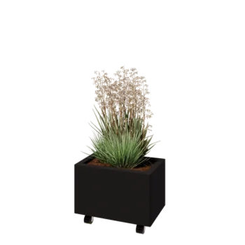 Floreira em aço - Retângulo - 50 x 30 x 30 cm - RAL9005 fosco (preto) - Com placa de base - Com rodas