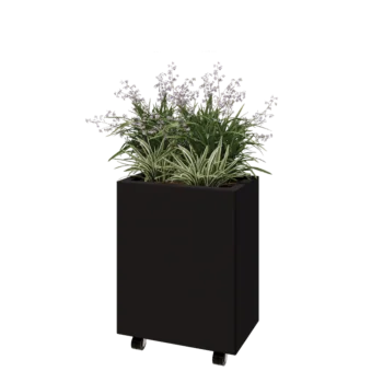 Floreira em aço - Retângulo - 50 x 30 x 60 cm - RAL9005 fosco (preto) - Com placa de base - Com rodas